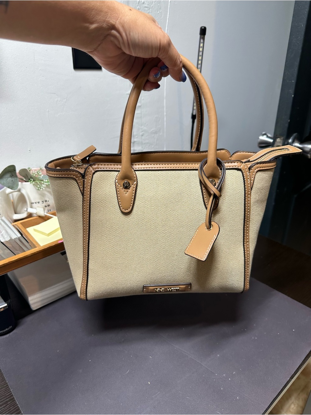 Nine West Beige and Tan Canvas Satchel
